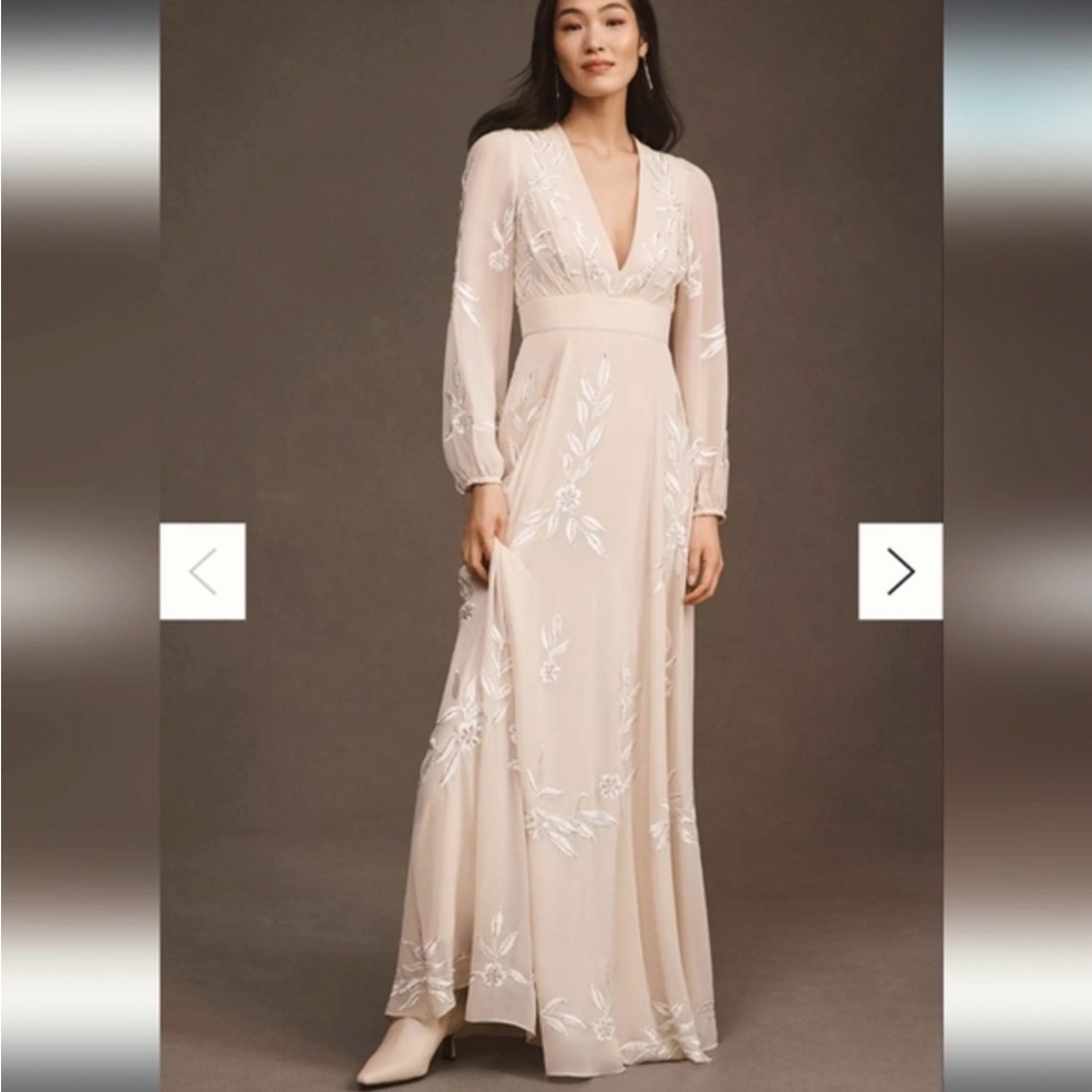 BHLDN Belize (NEW!) Embroidered A-Line Long-Sleeve V-Neck Gown
